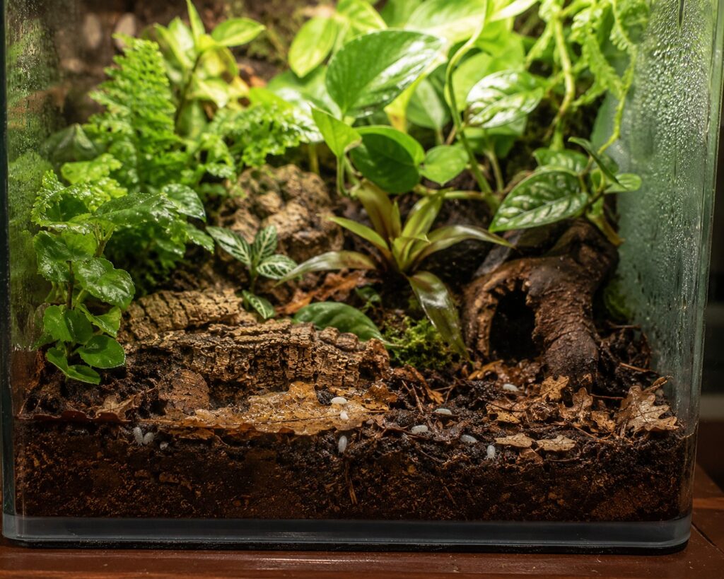 Dwarf white isopods visible in leaf litter layer inside a tropical bioactive terrarium with live plants