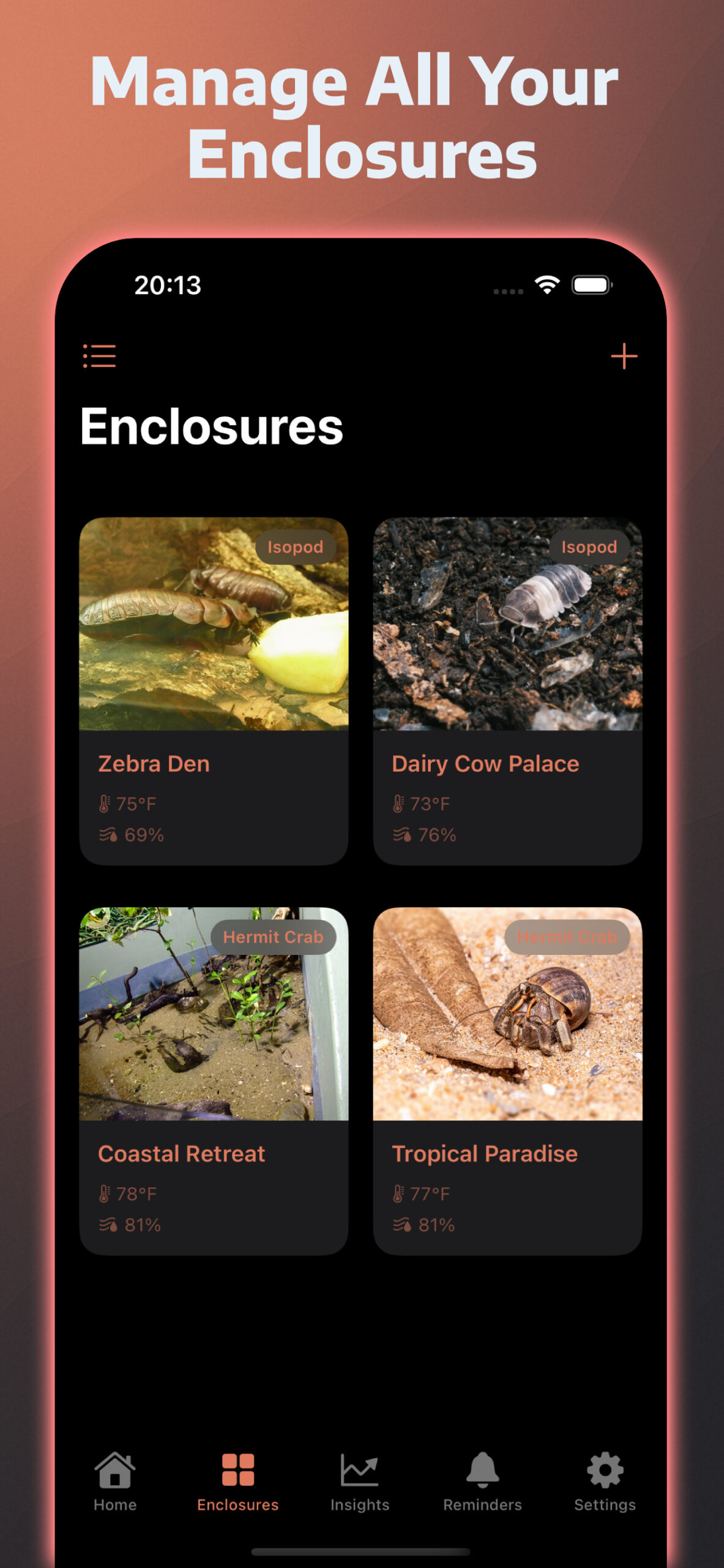 CrabPod enclosure manager showing crabitat and isopod bins with conditions