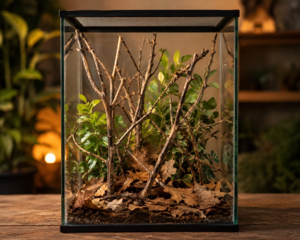 Ghost mantis enclosure with vertical branches, artificial foliage, and mesh ventilation lid