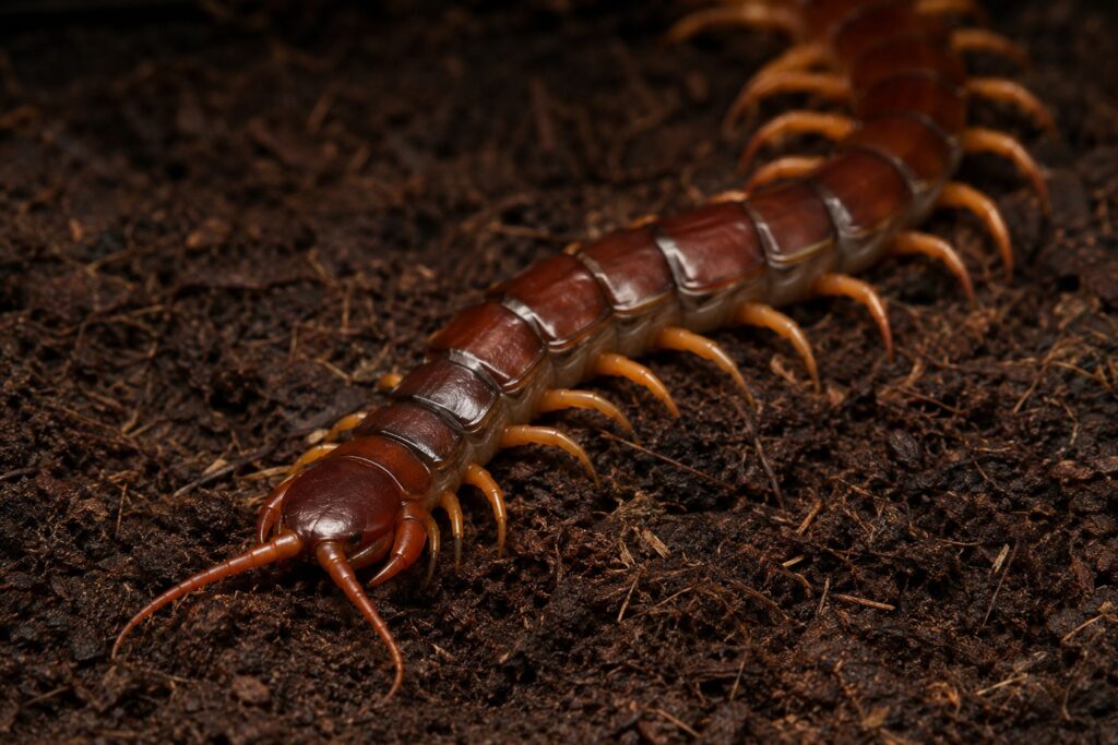 Giant centipede Scolopendra species showing segmented body, reddish-brown coloration, and yellow legs on dark substrate