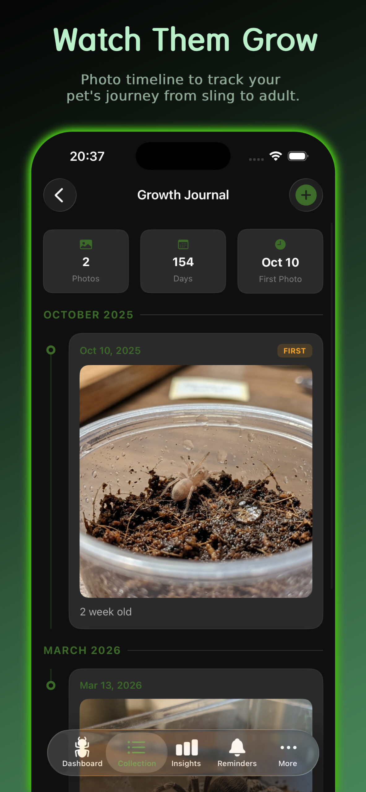 InvertMate growth journal with photo timeline and weight tracking