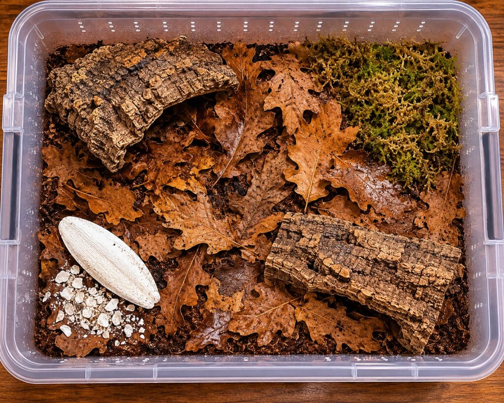 Magic potion isopod enclosure with coconut coir substrate, sphagnum moss, cork bark hides, leaf litter, and cuttlebone
