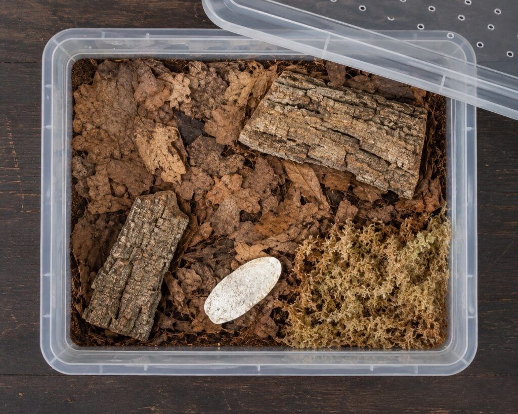 Powder blue isopod enclosure with coconut coir substrate, sphagnum moss, cork bark hides, and leaf litter layer