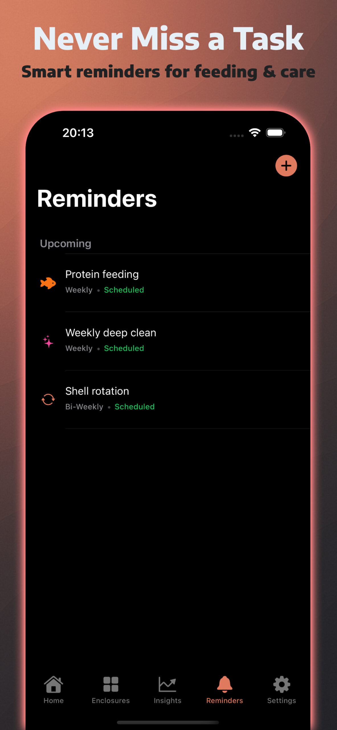 CrabPod care reminders for feeding misting and cleaning