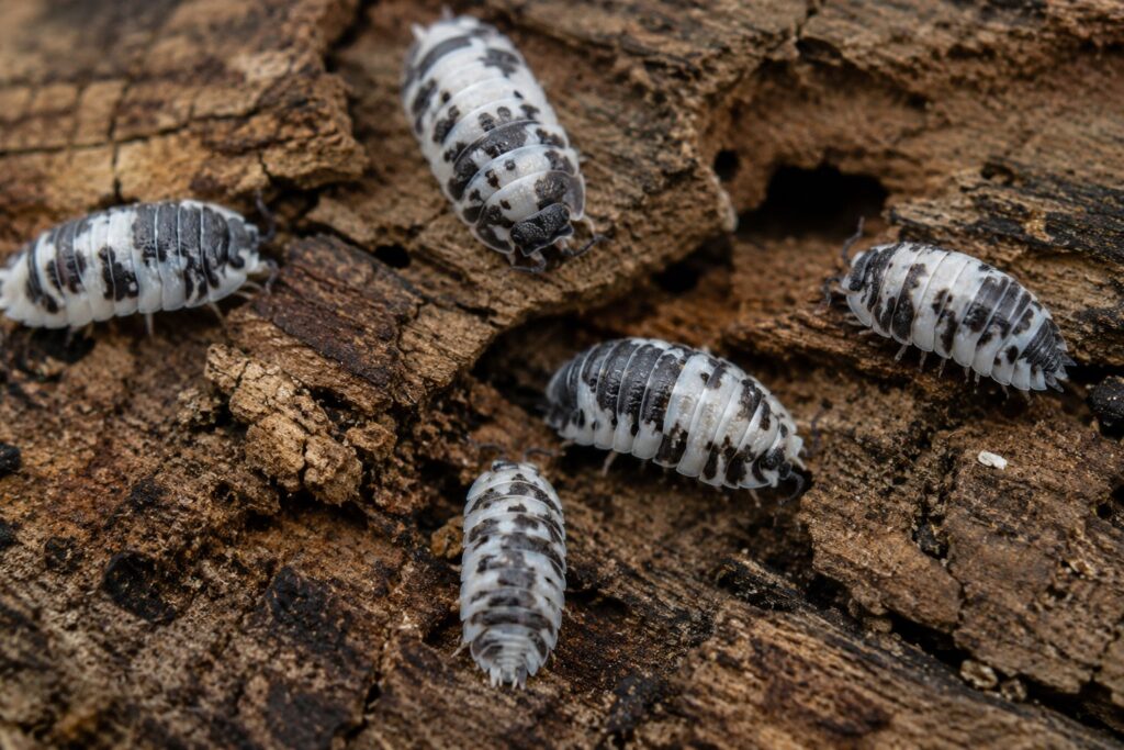 Dairy cow isopod showing distinctive black and white spotted pattern on cork bark