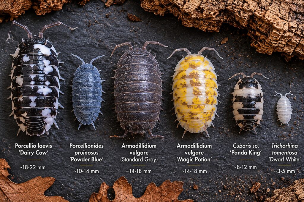 Different isopod species including Porcellio laevis, Armadillidium vulgare, and Cubaris sp showing size and color variation
