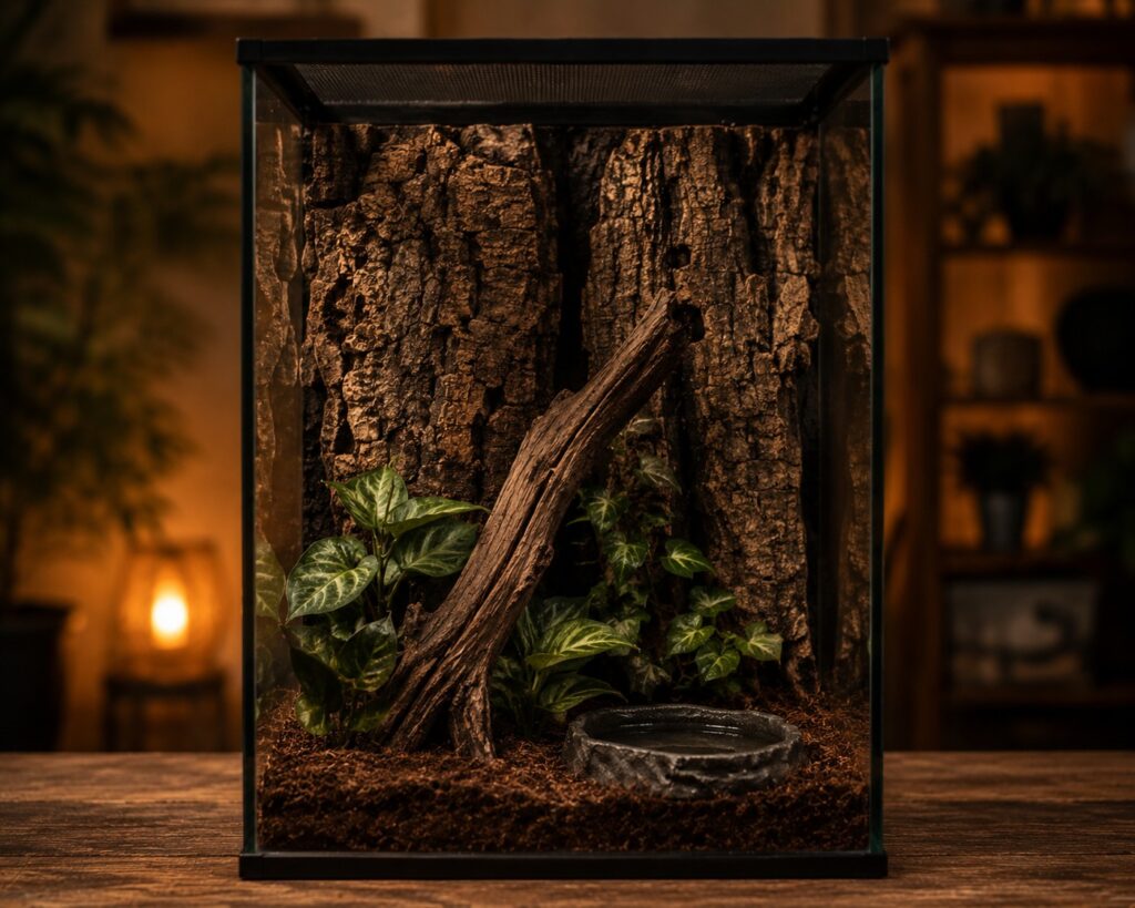 Tailless whip scorpion enclosure with vertical cork bark slabs, moist substrate, and mesh lid