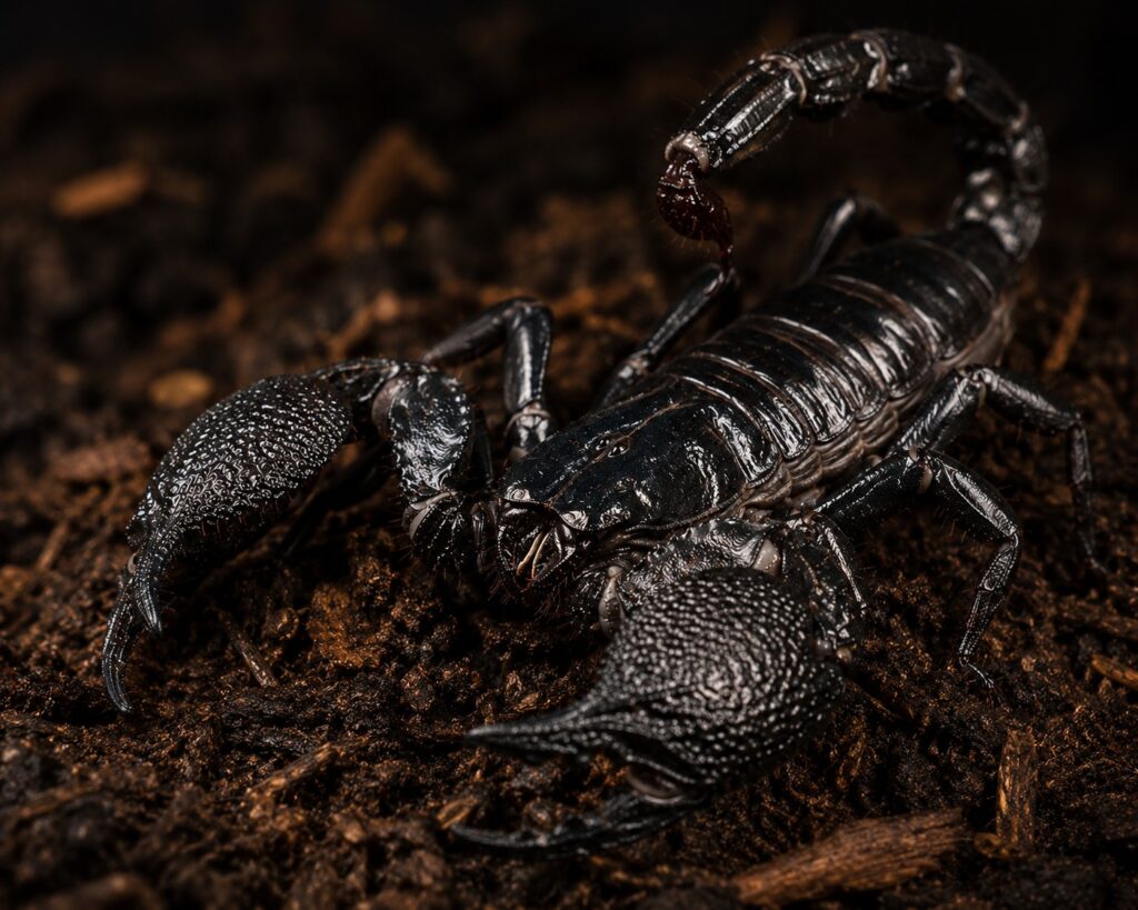 Emperor scorpion on dark substrate with pincers visible, one of the most popular pet scorpion species for beginners