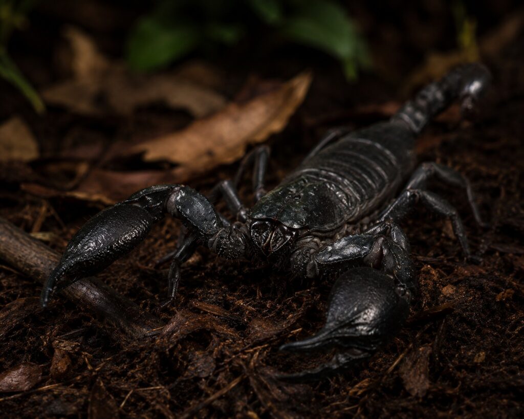 Asian forest scorpion Heterometrus species showing glossy black body and smooth pedipalps on tropical substrate with leaf litter