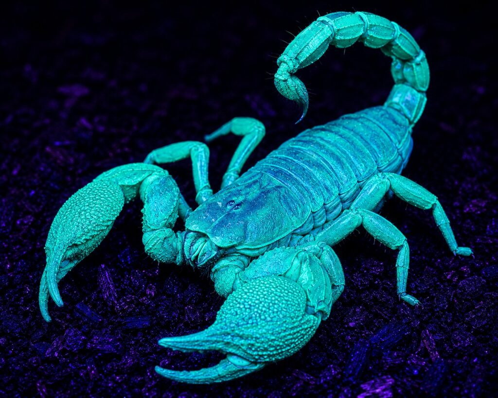 Emperor scorpion fluorescing blue-green under ultraviolet blacklight showing the characteristic UV glow