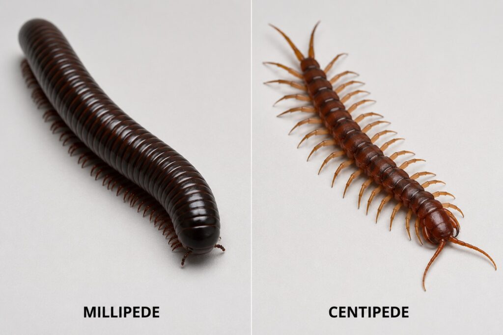Millipede vs centipede comparison showing the rounded slow millipede beside the flat fast centipede with legs splayed to the sides