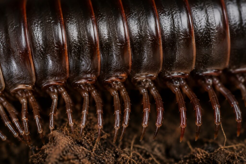 Close-up of a millipede body showing two pairs of legs per segment tucked beneath a rounded cylindrical body
