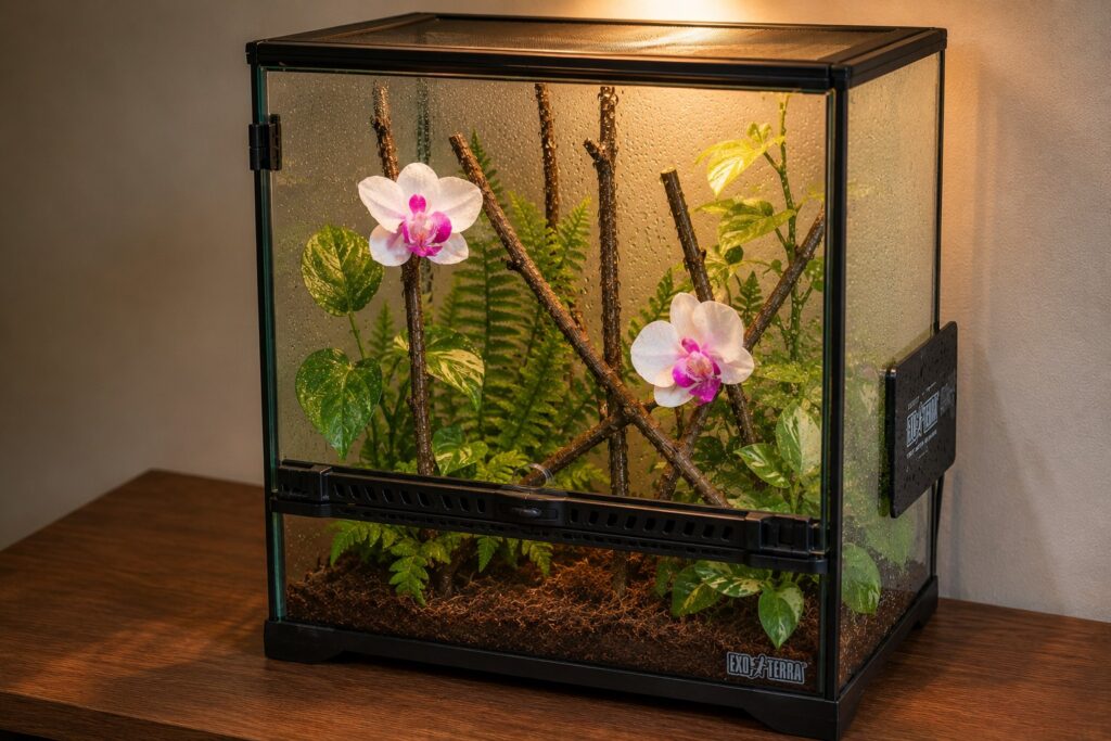 Orchid mantis enclosure with glass walls, mesh lid, vertical branches, artificial orchid flowers, and coconut coir substrate