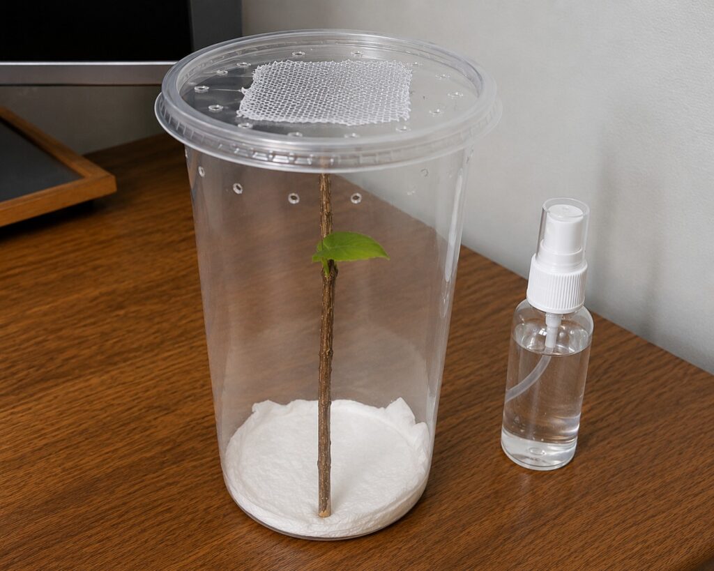 Small deli cup enclosure for orchid mantis nymph with mesh lid, thin twig, and ventilation holes