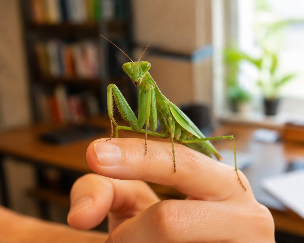 Praying mantis sitting calmly on a person's finger showing that mantises can be kept as pets