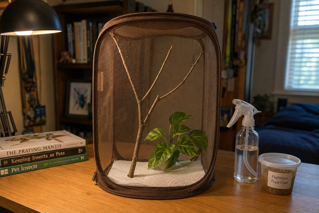 praying mantis as a pet, ghost mantis perched on a twig inside a simple mesh enclosure as a beginner-friendly pet species