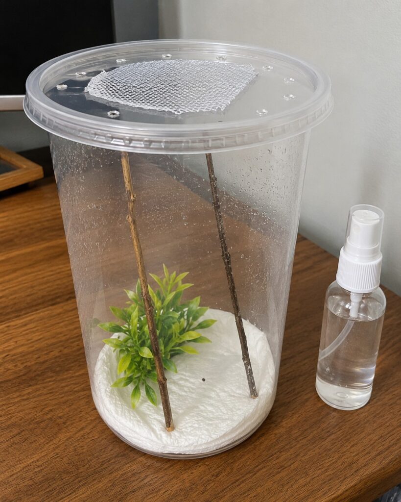 Praying mantis enclosure with mesh ventilation, vertical branches, artificial plants, and paper towel substrate