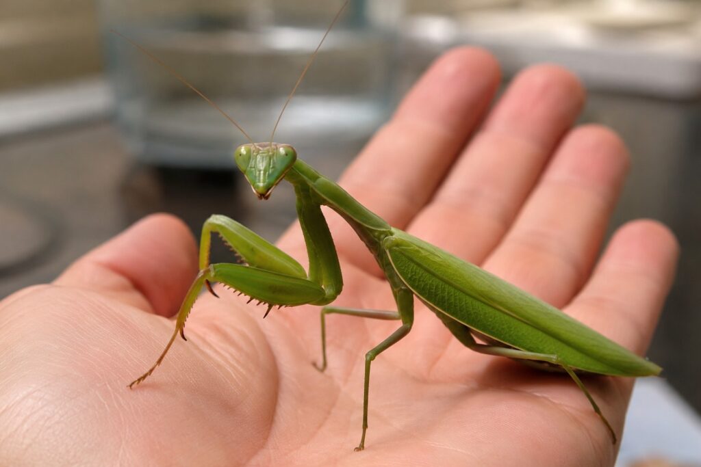 praying mantis care, Praying mantis perched on a keeper's hand showing triangular head and raptorial forelegs