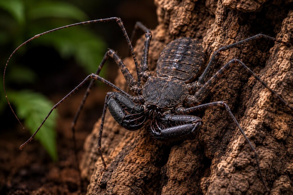 Adult tailless whip scorpion Damon diadema clinging to cork bark, a long-lived amblypygid that can live over 10 years in captivity. tailless whip scorpion lifespan