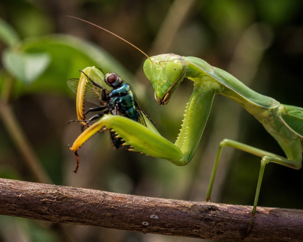 Praying mantis catching a fly on a branch showing ambush predator hunting behavior