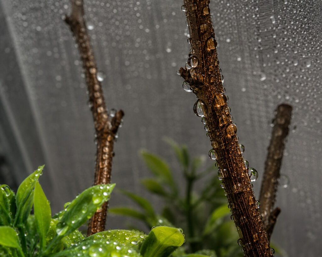 what do praying mantis need to survive, Water droplets on enclosure branches and leaves after misting for praying mantis hydration