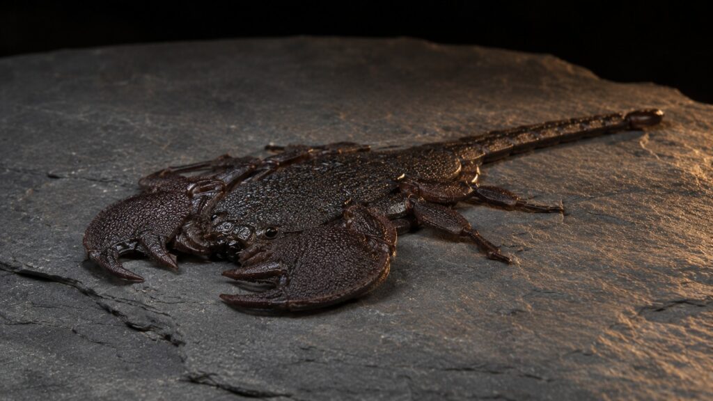 flat rock scorpion, Flat rock scorpion Hadogenes troglodytes on slate showing its flattened body and long thin tail