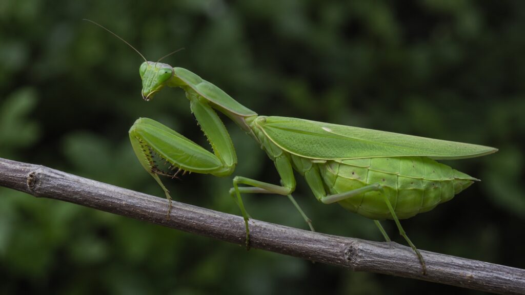asian mantis, Adult female giant Asian mantis Hierodula membranacea on a branch showing its broad green body