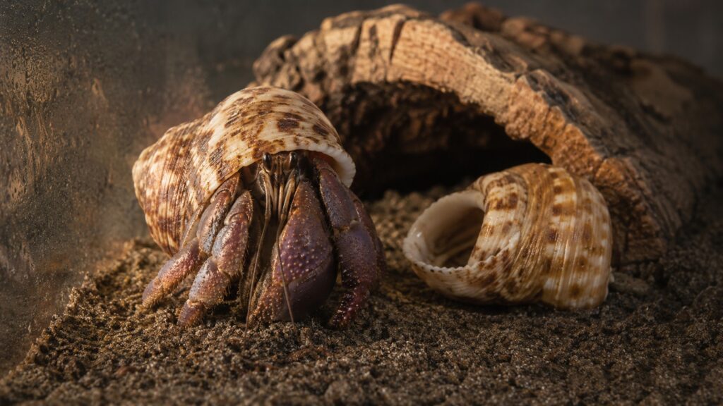 Hermit crab habitat, Purple pincher hermit crab in a glass habitat with deep sand substrate and cork bark hides