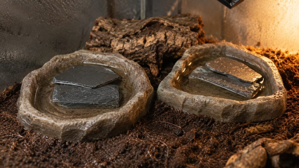 Hermit crab habitat, Fresh water and salt water pools with stone exit ramps in a hermit crab habitat