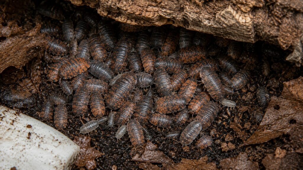 Lava isopods colony clustered under cork bark with adults and pale juveniles visible