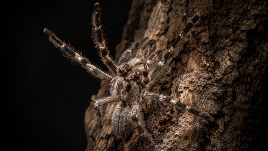 old world vs new world tarantulas, Old World tarantula in a threat posture on cork bark with no urticating setae on its abdomen