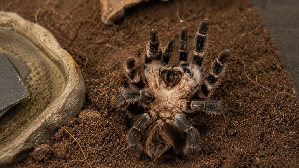 tarantula death curl, Tarantula lying on its back during a normal molt, legs pointing upward