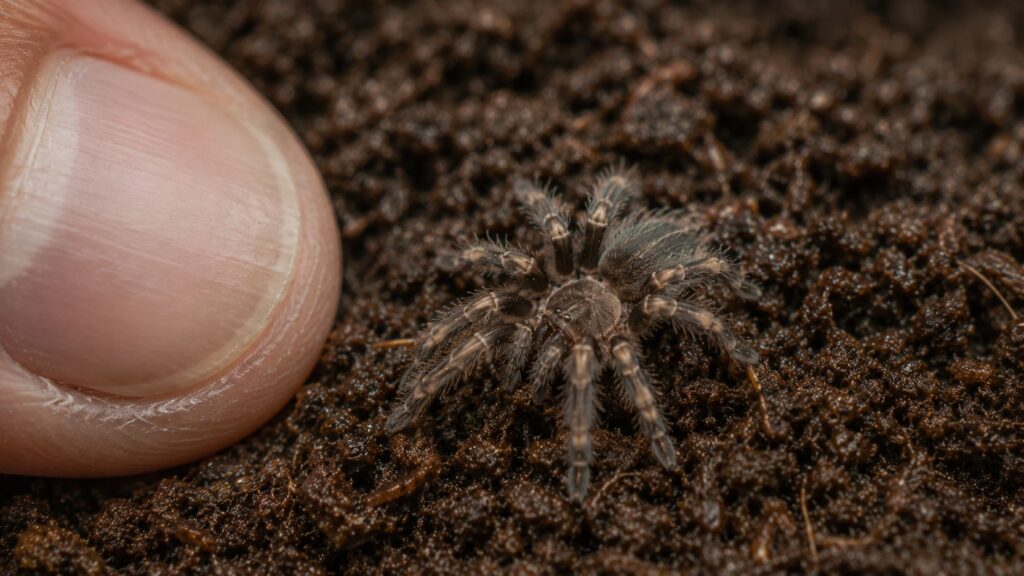 tarantula spiderlings, Tarantula spiderling on coconut fibre substrate shown at scale beside a fingertip