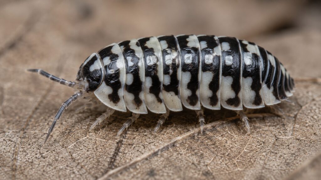 zebra isopods, Zebra isopod Armadillidium maculatum showing black and white banding on leaf litter