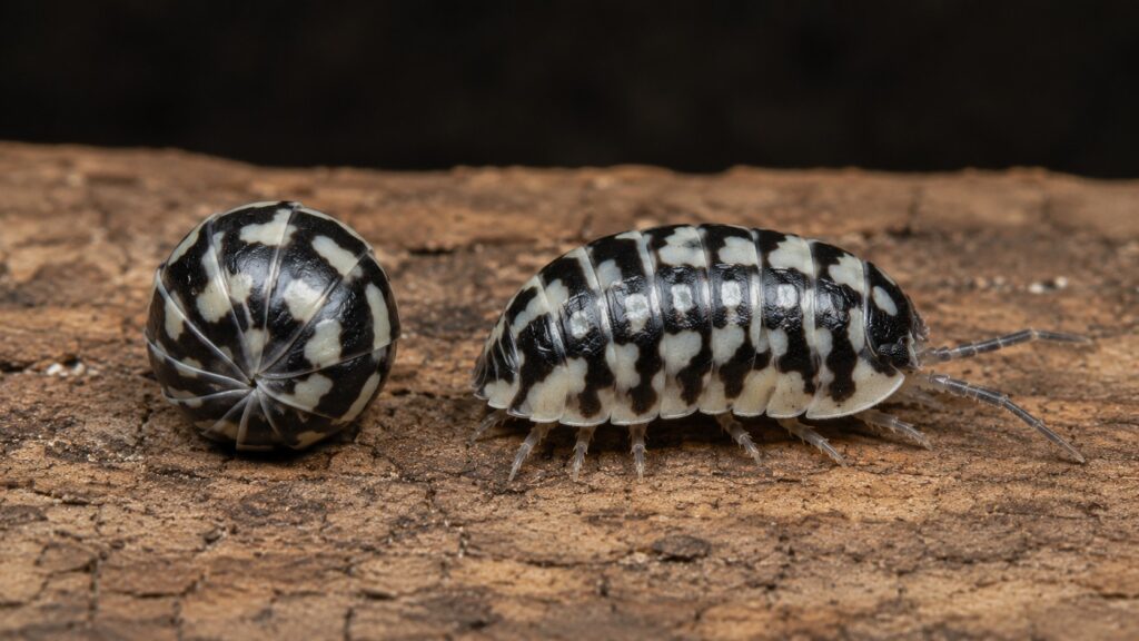 zebra isopods, Zebra isopod conglobated into a ball next to an unrolled isopod on cork bark