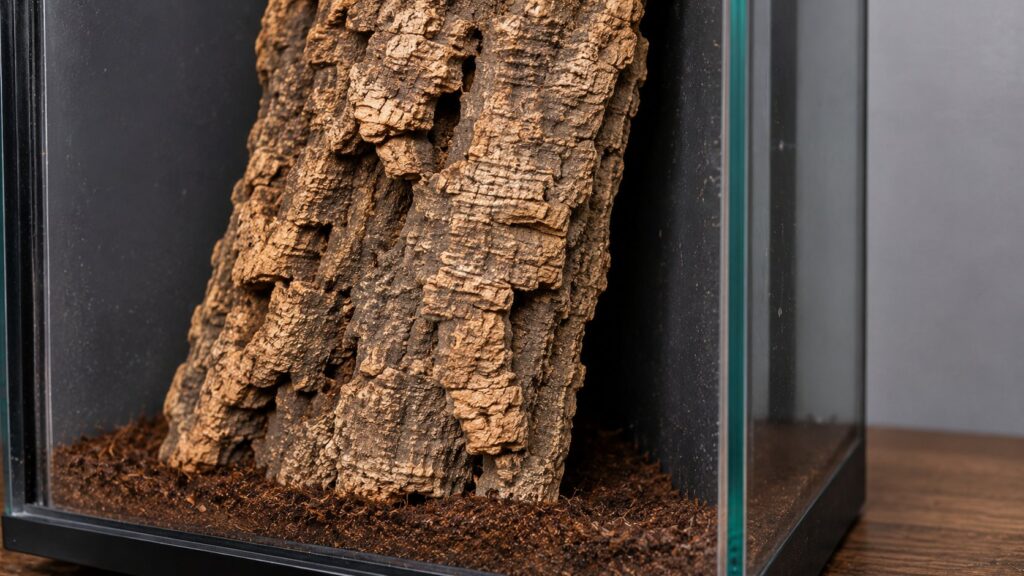 arboreal tarantula enclosure, Cork bark slab leaned in an arboreal enclosure with a gap behind it for a silk retreat