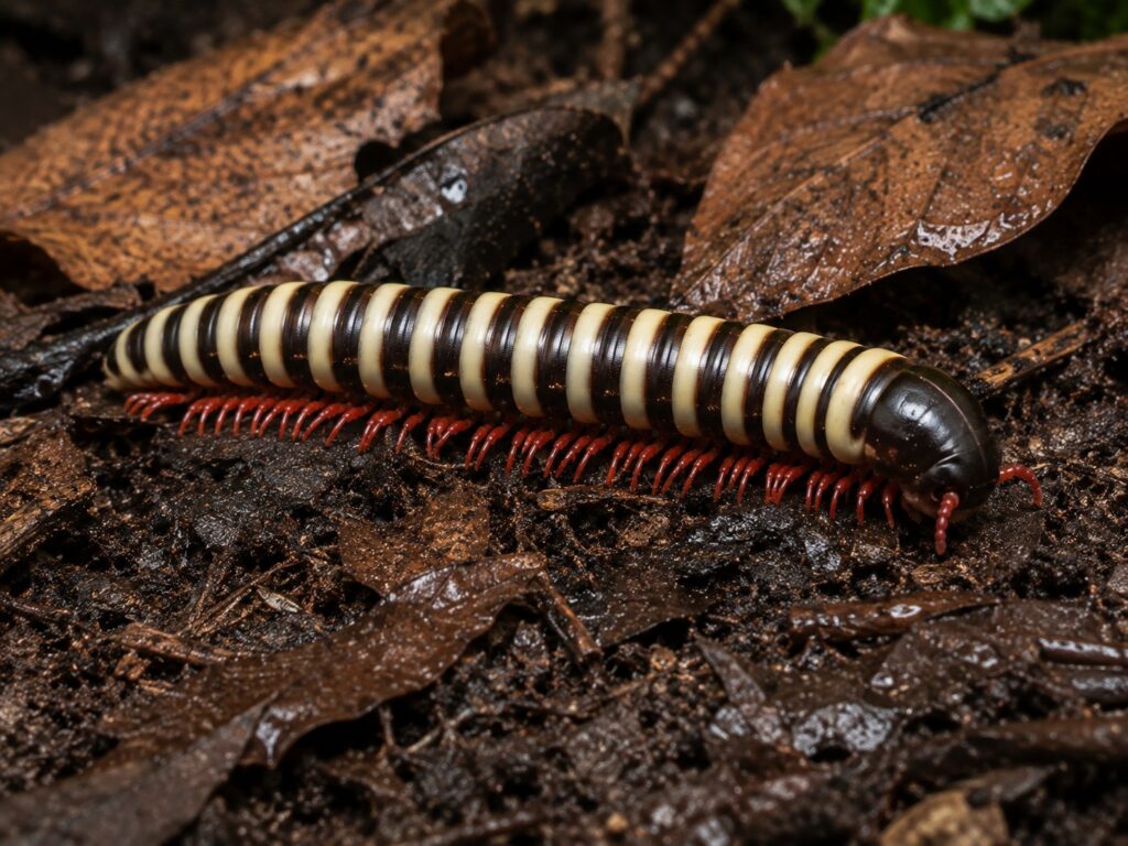 bumblebee millipede, Bumblebee millipede Anadenobolus monilicornis showing cream and dark banding with red legs
