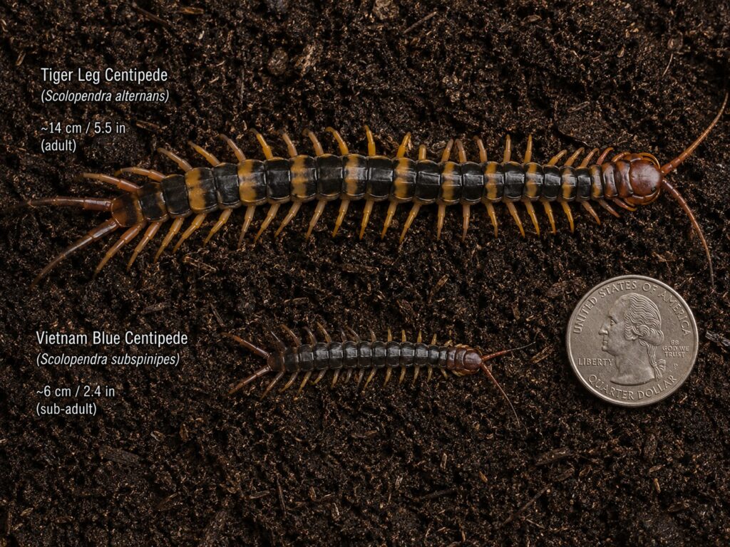 centipedes as pets, Tiger leg centipede shown at scale as a beginner species option