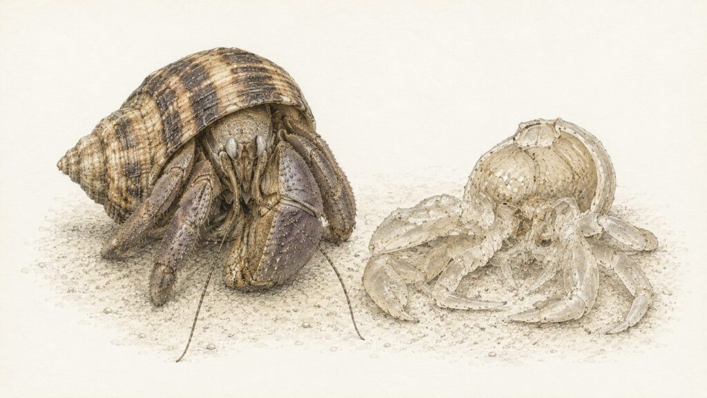 hermit crab molting, Illustration of a hermit crab beside its shed exoskeleton, showing the hollow empty husk
