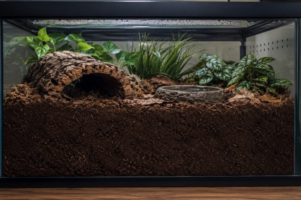 Terrestrial tarantula enclosure with deep substrate, cork hide and a shallow air gap above
