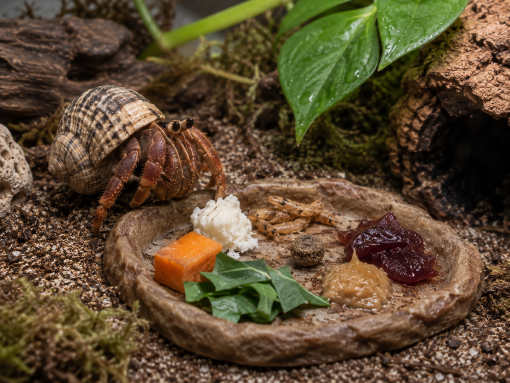 what do hermit crabs eat, Hermit crab approaching a feeding dish with fruit, vegetable and protein pieces