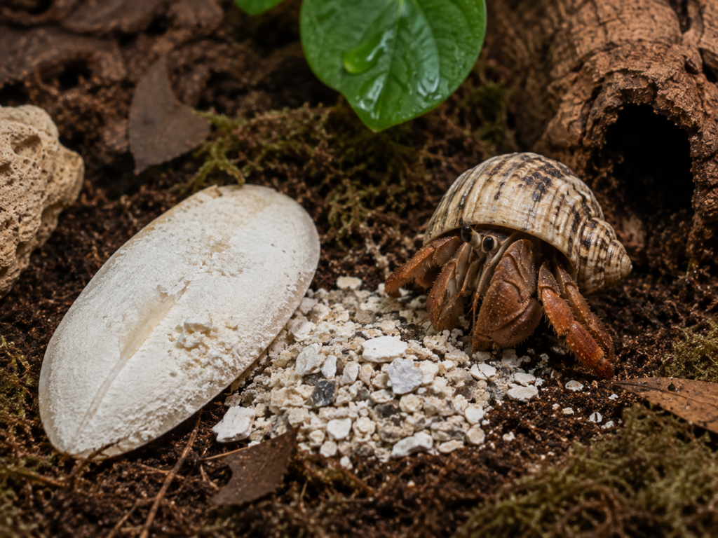 what do hermit crabs eat, Cuttlebone and crushed oyster shell as a calcium source in a hermit crab tank