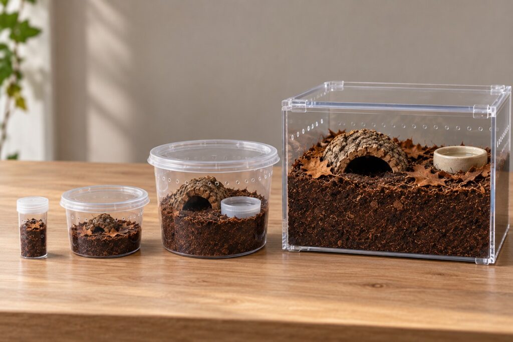 tarantula enclosures by life stage from sling vial to adult acrylic enclosure