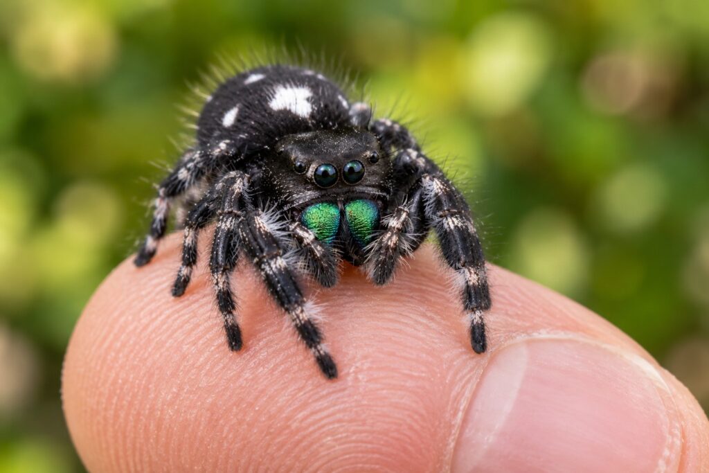 are bold jumping spiders poisonous, bold jumping spider sitting calmly on a fingertip, harmless to people