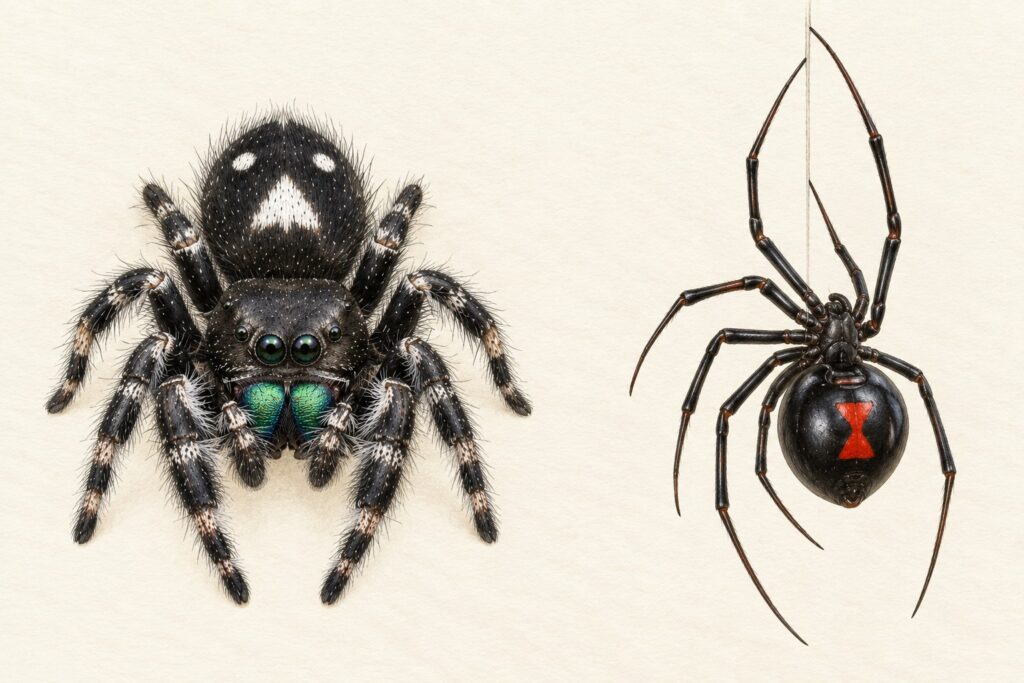 bold jumping spider compared with a black widow, showing body shape and markings