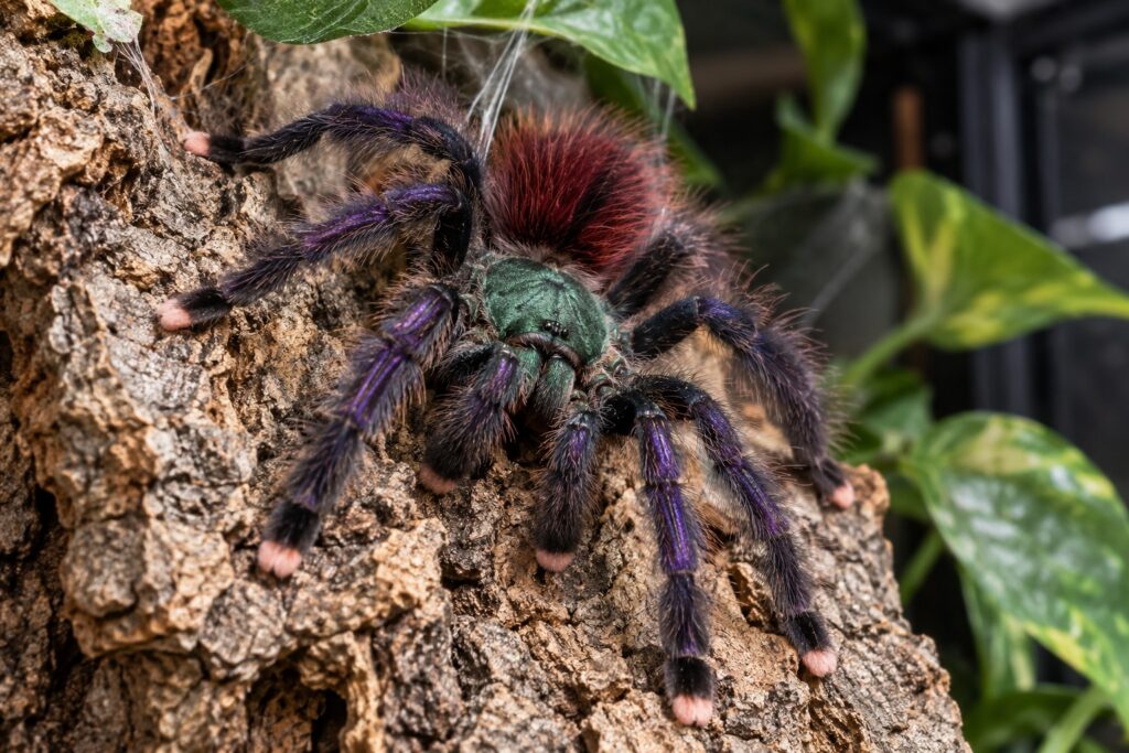 Caribena versicolor adult with green carapace and red abdomen hair on cork bark