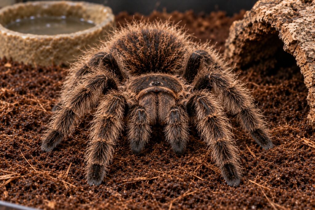 curly hair tarantula Tliltocatl albopilosus with bronze curled hairs on substrate