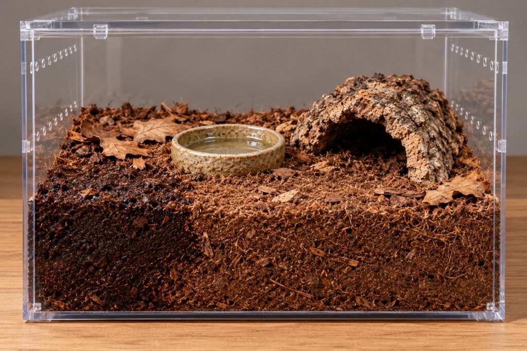 curly hair tarantula enclosure with a damp substrate corner, cork hide and water dish