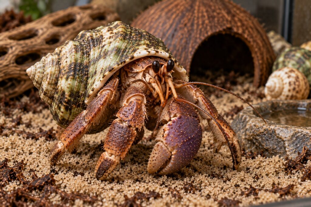 Hermit crab lifespan, large purple pincher hermit crab, a species with a lifespan of 10 to 30 years