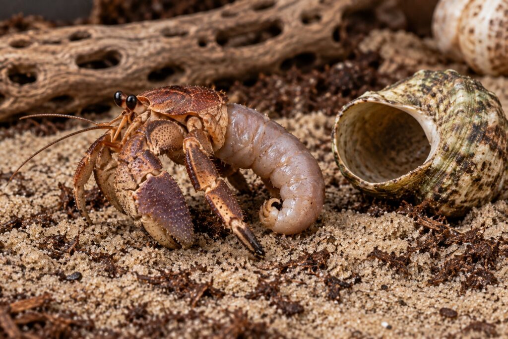 hermit crab without shell beside an empty natural turbo shell